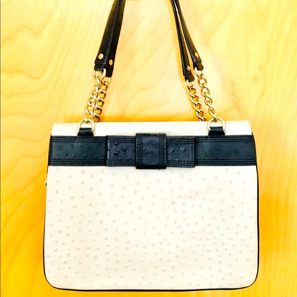 Kate Spade Satchel Beige Ostrich Black Bow Purse Handbag Gold Chain - Never Worn